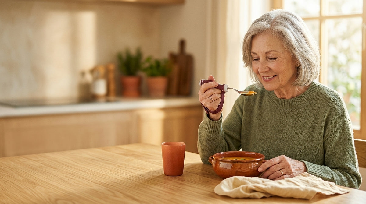 Senior woman enjoying soup with a weighted adaptive spoon at a sunlit kitchen table
