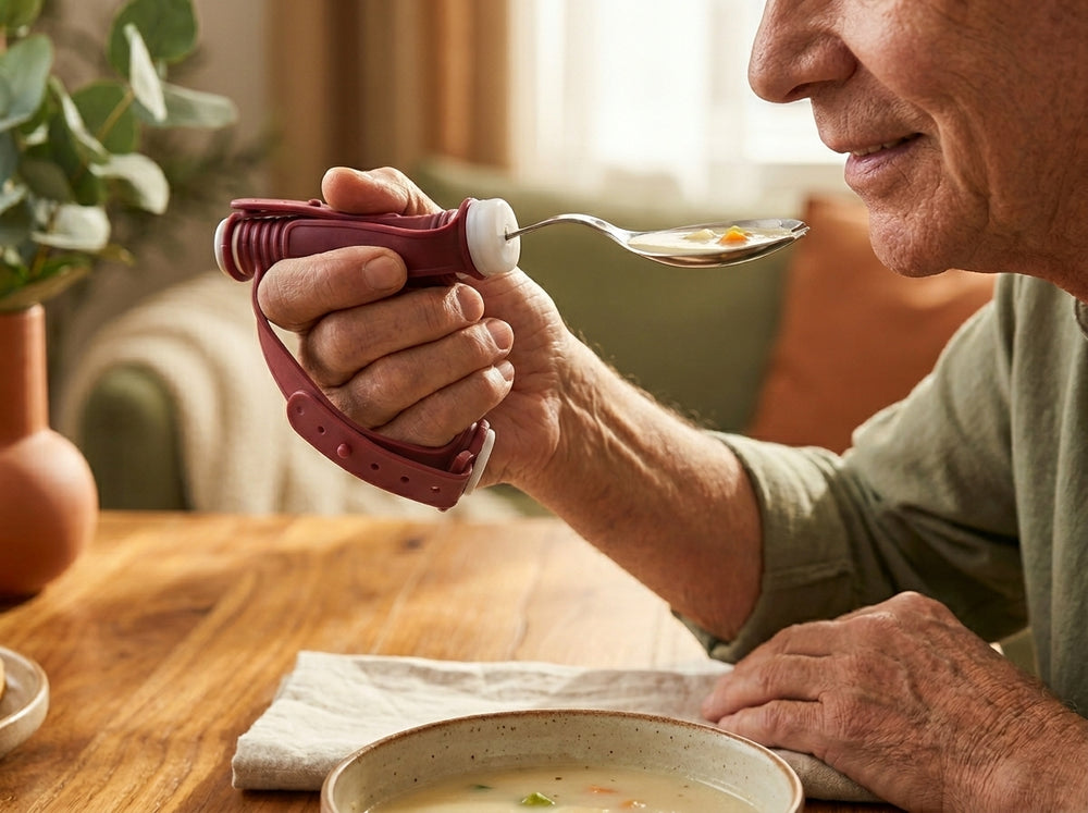 Same man smiling, eating soup steadily with a weighted adaptive utensil