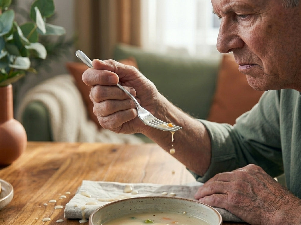 Older man struggling to eat soup with an ordinary fork, spilling